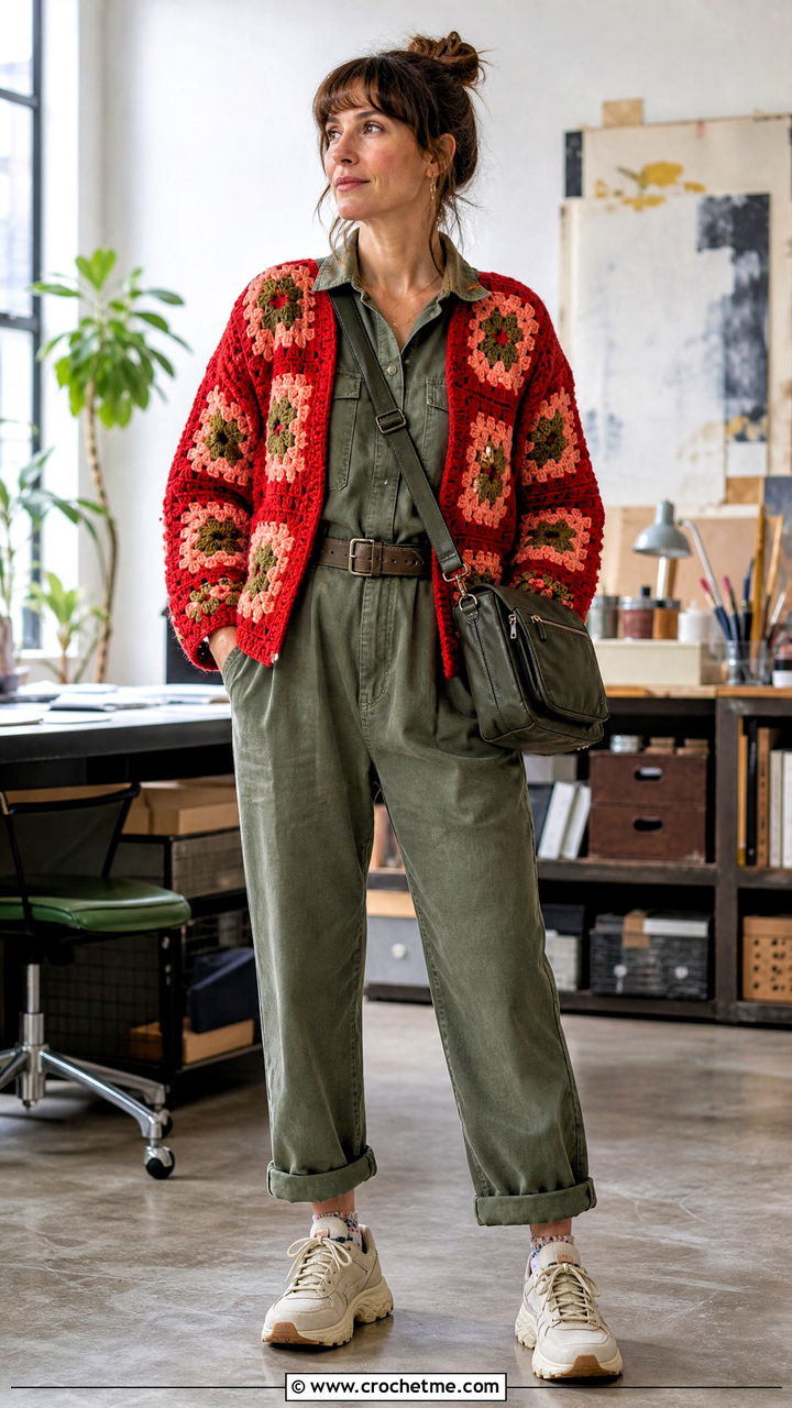 Bright Granny Square Jacket With Utility Jumpsuit - 35 granny square jacket outfit ideas