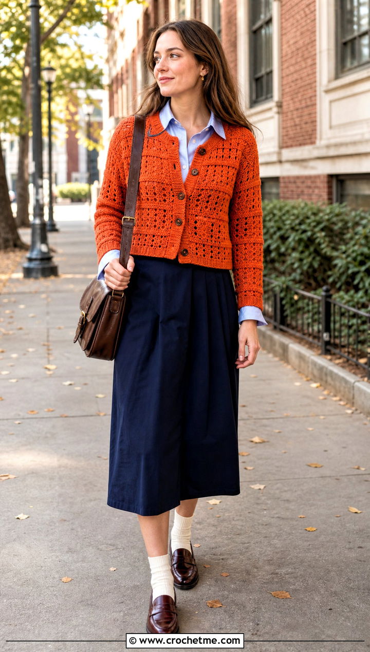 Bright Orange Crochet Cardigan With Oxford Shirt And Midi Skirt - 15 Bright Orange Crochet Clothing and outfit ideas