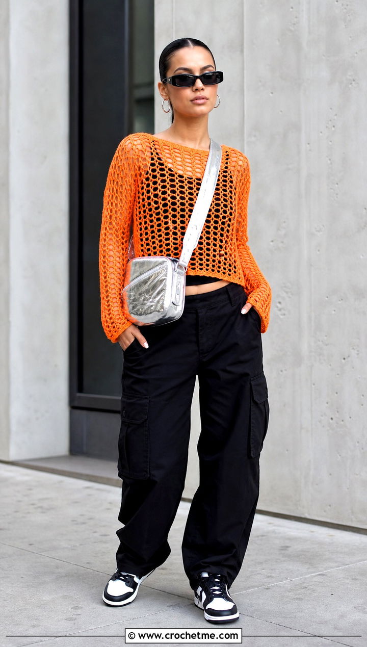 Bright Orange Crochet Mesh Top With Black Cargo Pants - 15 Bright Orange Crochet Clothing and outfit ideas