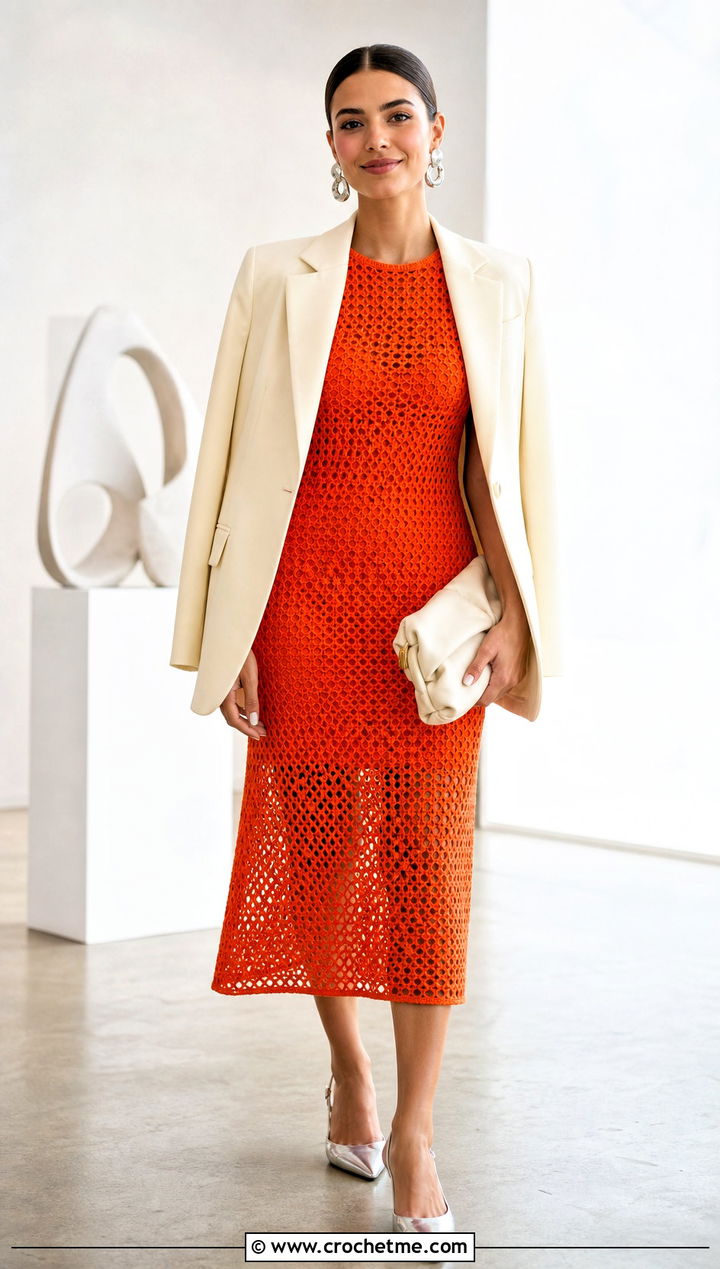 Bright Orange Crochet Midi Dress With Cream Blazer - 15 Bright Orange Crochet Clothing and outfit ideas