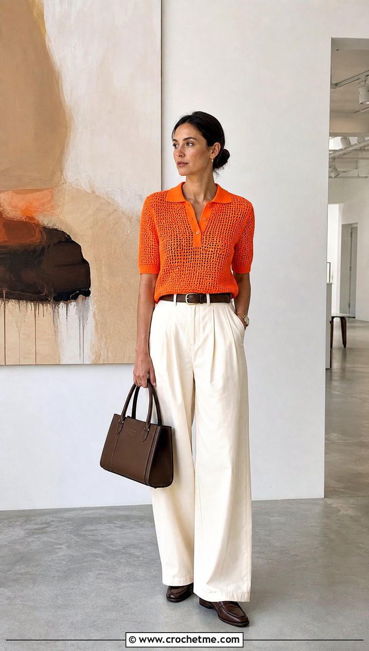 Bright Orange Crochet Polo Shirt With Tailored Trousers - 15 Bright Orange Crochet Clothing and outfit ideas
