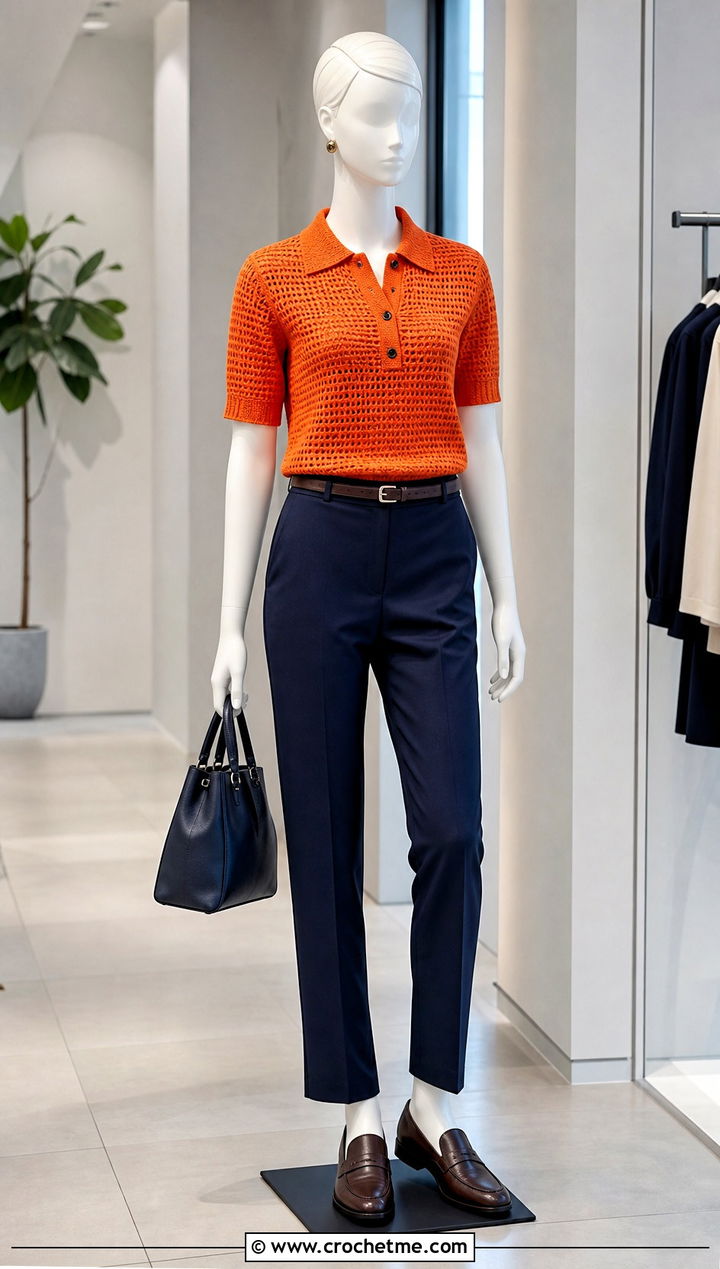 Bright Orange Crochet Polo Top With Tailored Trousers - 15 orange crochet top on mannequin outfit ideas