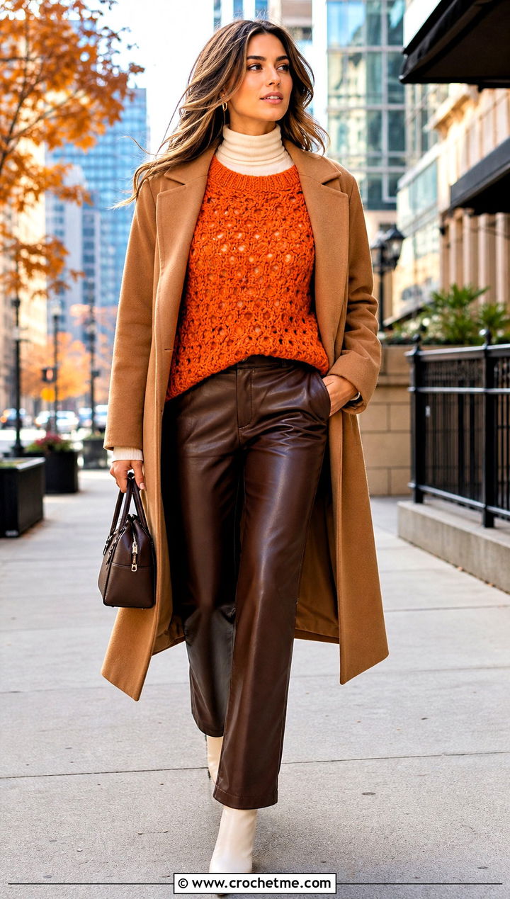 Bright Orange Crochet Pullover With Leather Pants - 15 Bright Orange Crochet Clothing and outfit ideas