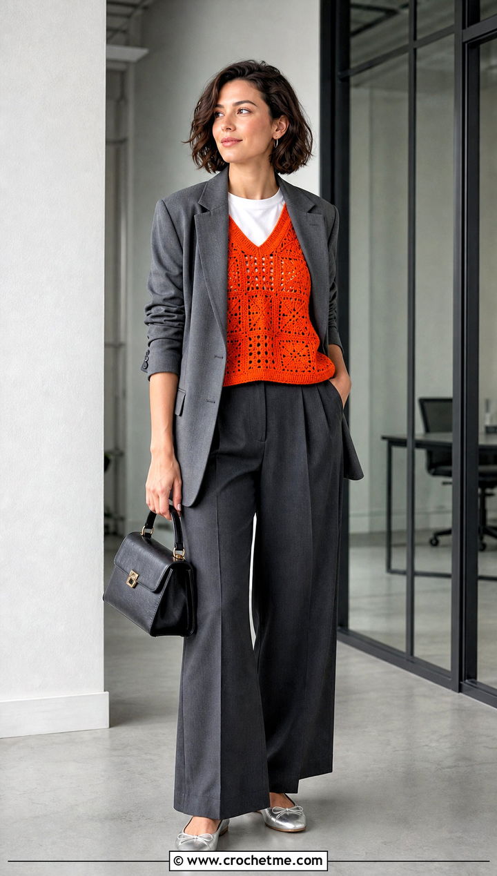 Bright Orange Crochet Sweater Vest With Gray Suit Separates - 15 Bright Orange Crochet Clothing and outfit ideas