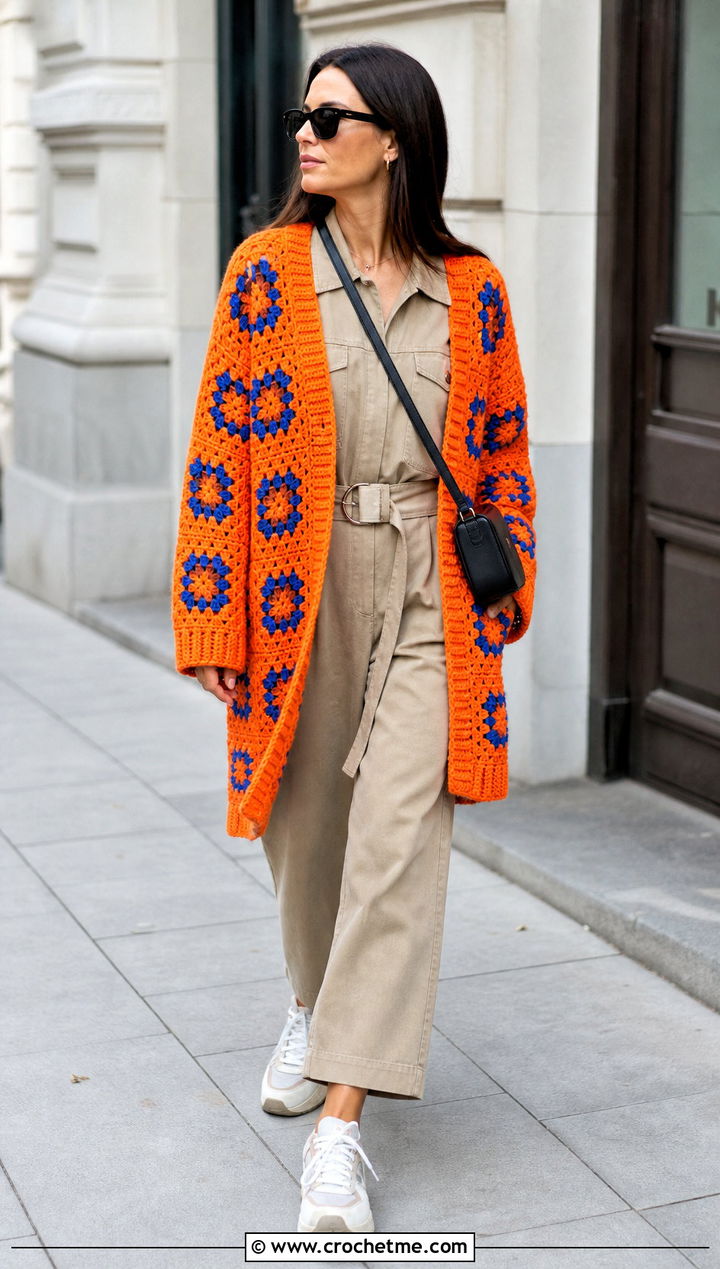 Bright Oversized Granny Square Cardigan With Utility Jumpsuit - 25 Oversized Granny Square Cardigan outfit ideas