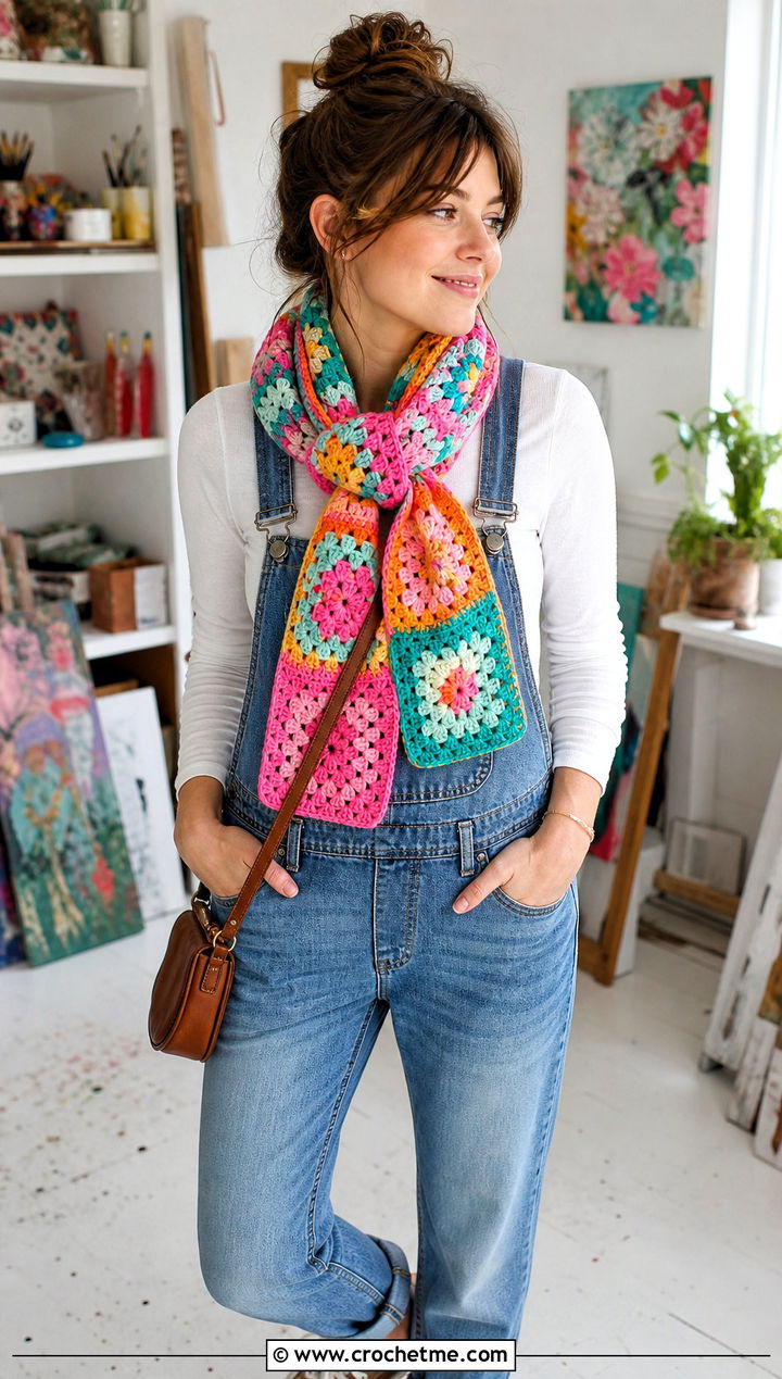 Bright Patchwork Granny Square Scarf With Denim Overalls - 30 crochet granny square scarf outfit ideas