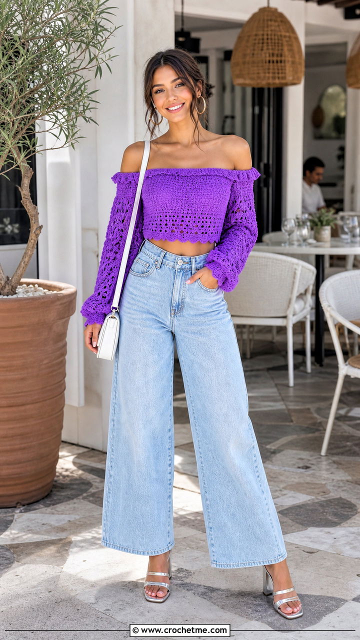Bright Purple Crochet Off Shoulder Top With Jeans - 35 crochet birthday outfit ideas