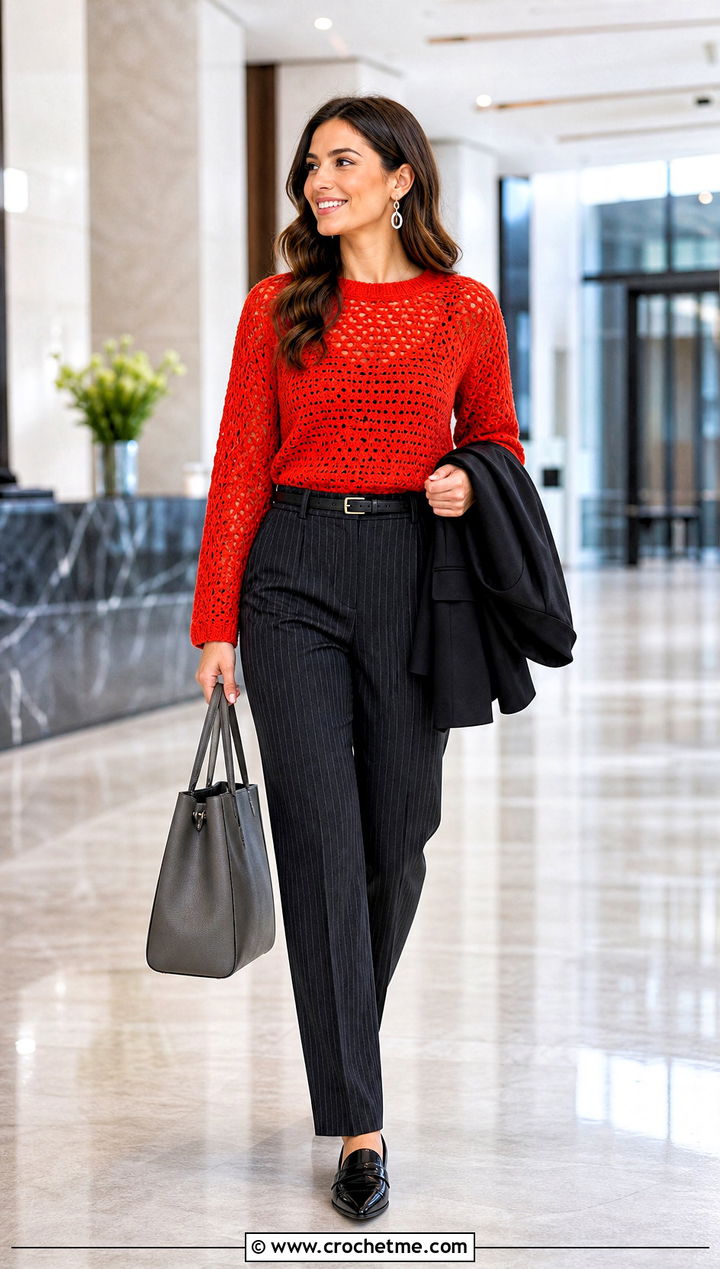 Bright Red Sunset Crochet Sweater With Pinstripe Suit Pants - 20 Sunset Crochet Sweater outfit ideas