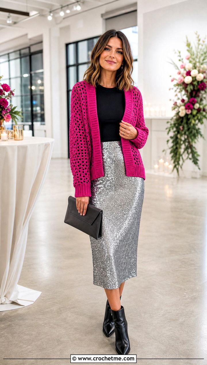 Bright Riverbed Crochet Cardigan With Sequin Midi Skirt - 25 riverbed crochet cardigan outfit ideas