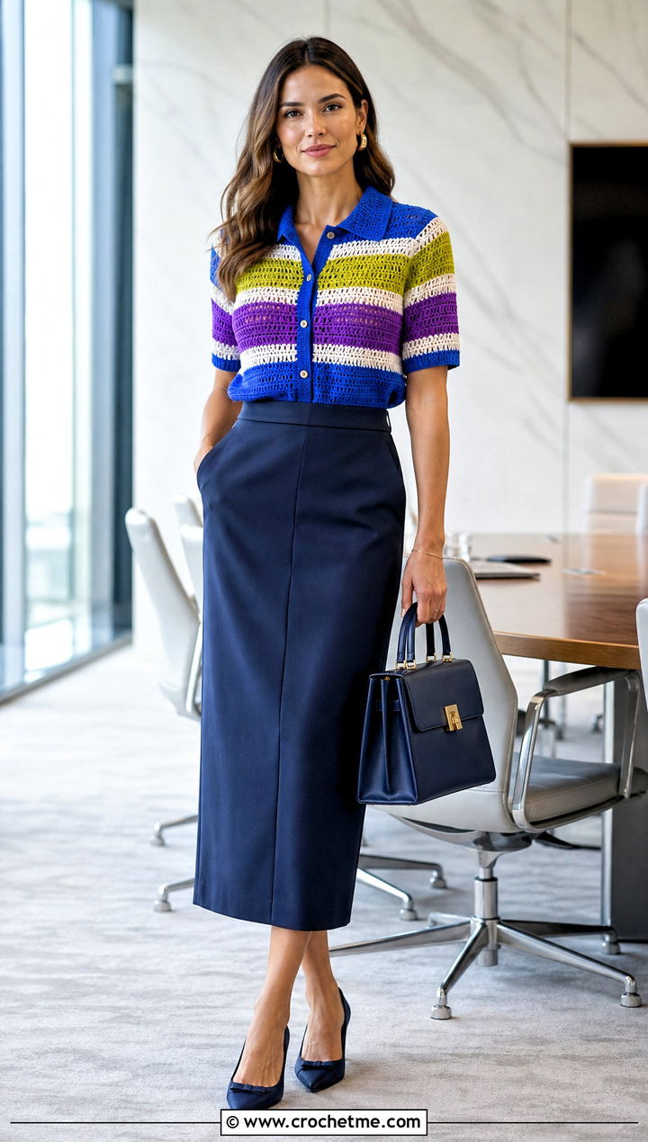 Bright Striped Button Front Crochet Top With Column Skirt - 15 bright striped crochet top outfit ideas