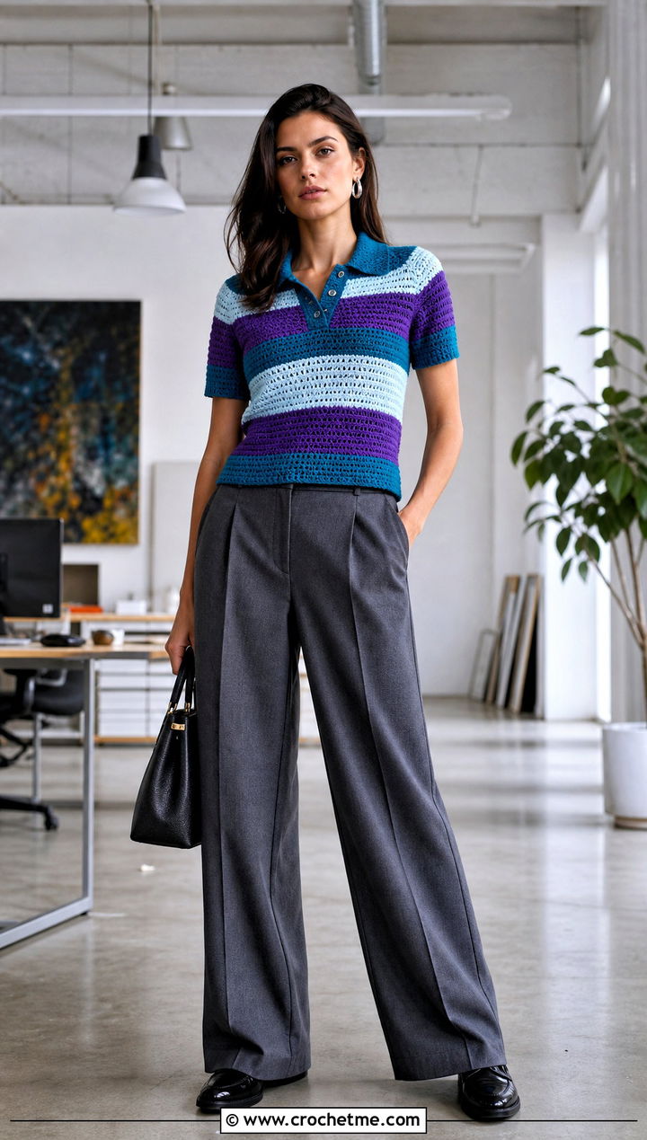 Bright Striped Crochet Polo With Tailored Trousers - 15 bright striped crochet top outfit ideas