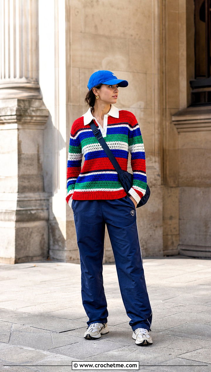 Bright Striped Crochet Rugby Top With Track Pants - 15 bright striped crochet top outfit ideas