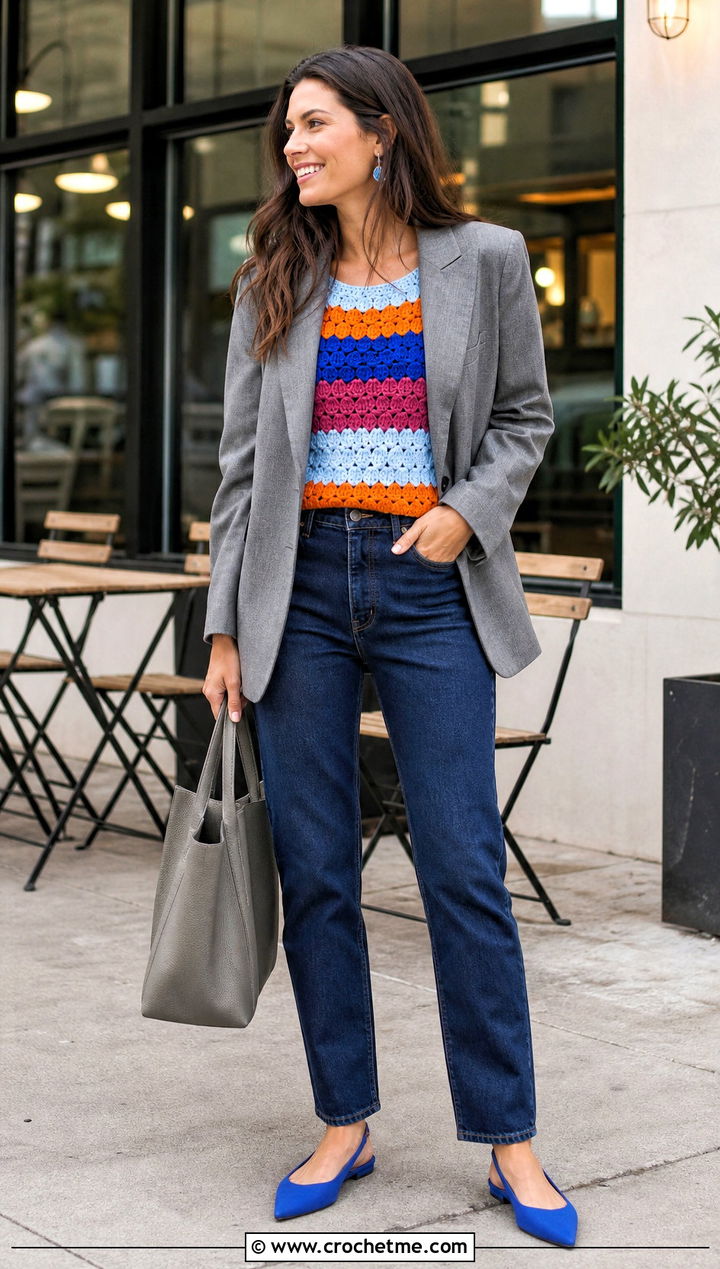 Bright Striped Crochet Shell Top With Blazer And Jeans - 15 bright striped crochet top outfit ideas