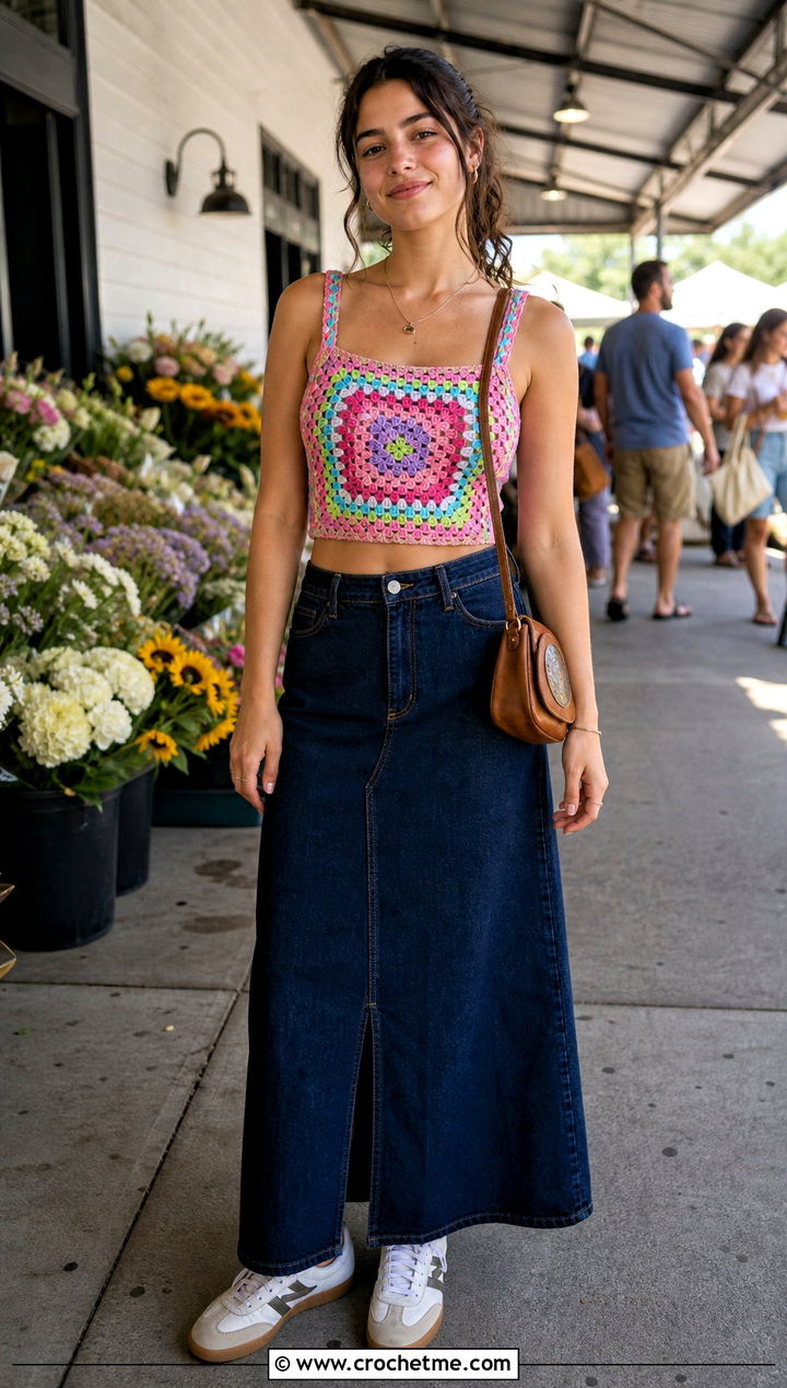 Bright Striped Granny Square Crop Top With Denim Maxi Skirt - 15 bright striped crochet top outfit ideas