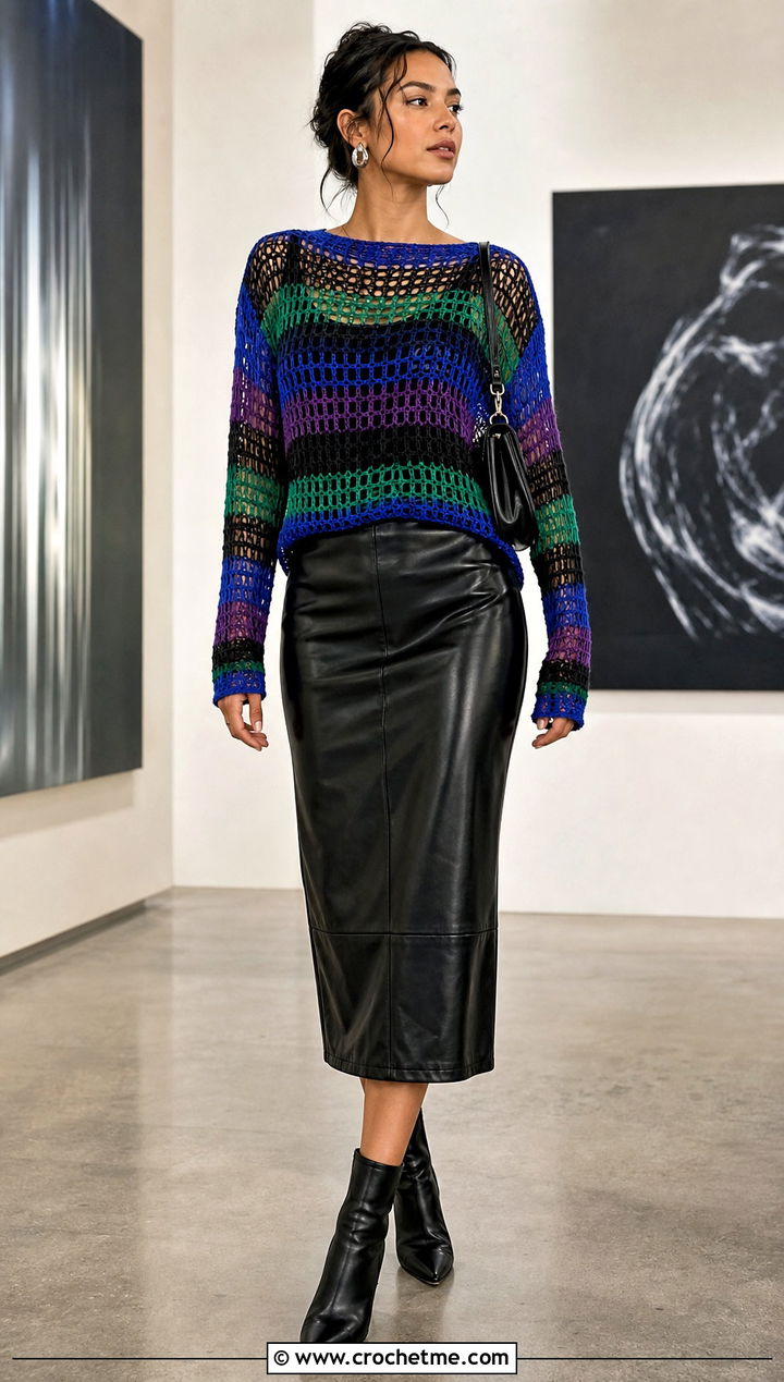 Bright Striped Mesh Crochet Top With Leather Midi Skirt - 15 bright striped crochet top outfit ideas