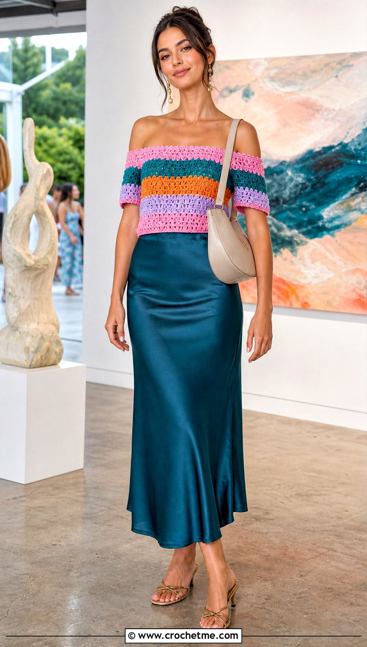 Bright Striped Off Shoulder Crochet Top With Slip Skirt - 15 bright striped crochet top outfit ideas