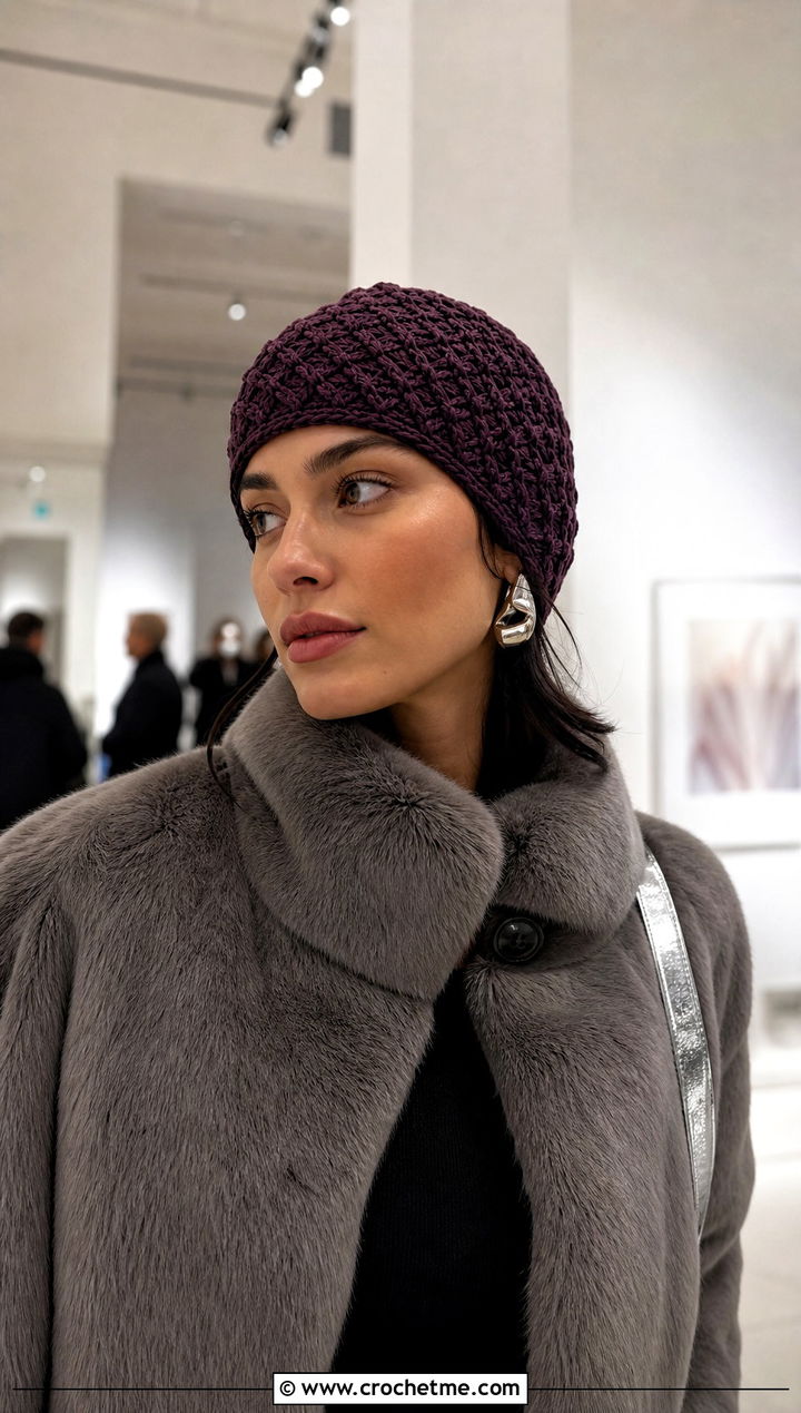 Brimless Alpine Stitch Beanie With Faux Fur Coat - 15 Alpine Stitch Crochet Hat outfit ideas