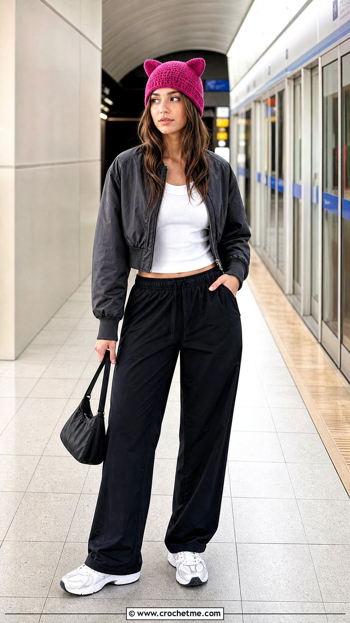 Brimless Finn Hat With Bomber Jacket And Track Pants - 35 crochet finn hat outfit ideas