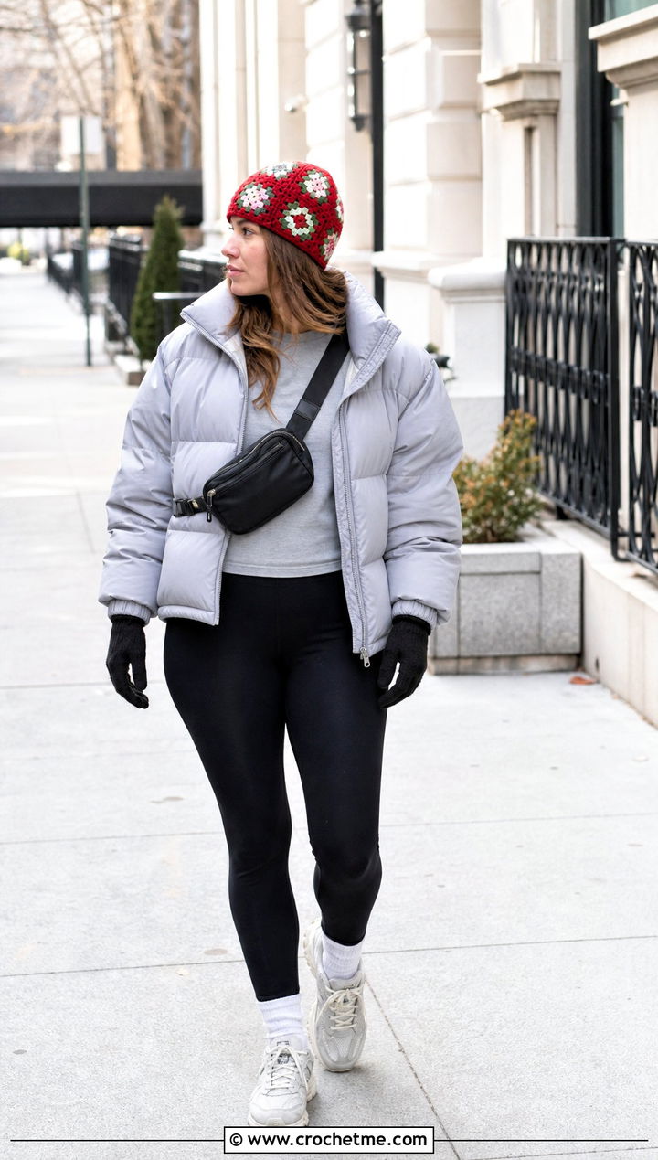 Brimless Granny Square Beanie With Puffer Jacket And Leggings - 35 granny square hats outfit ideas