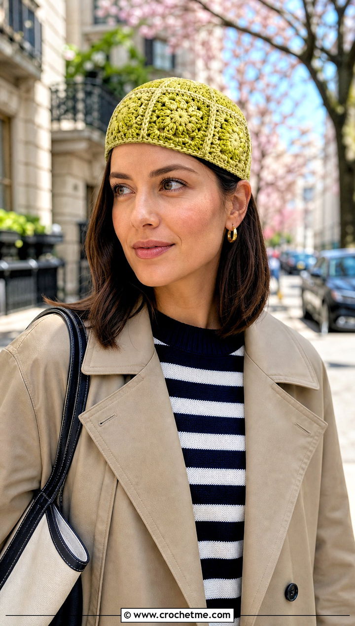 Brimless Granny Square Cap With Trench Coat - 30 crochet square hat outfit ideas