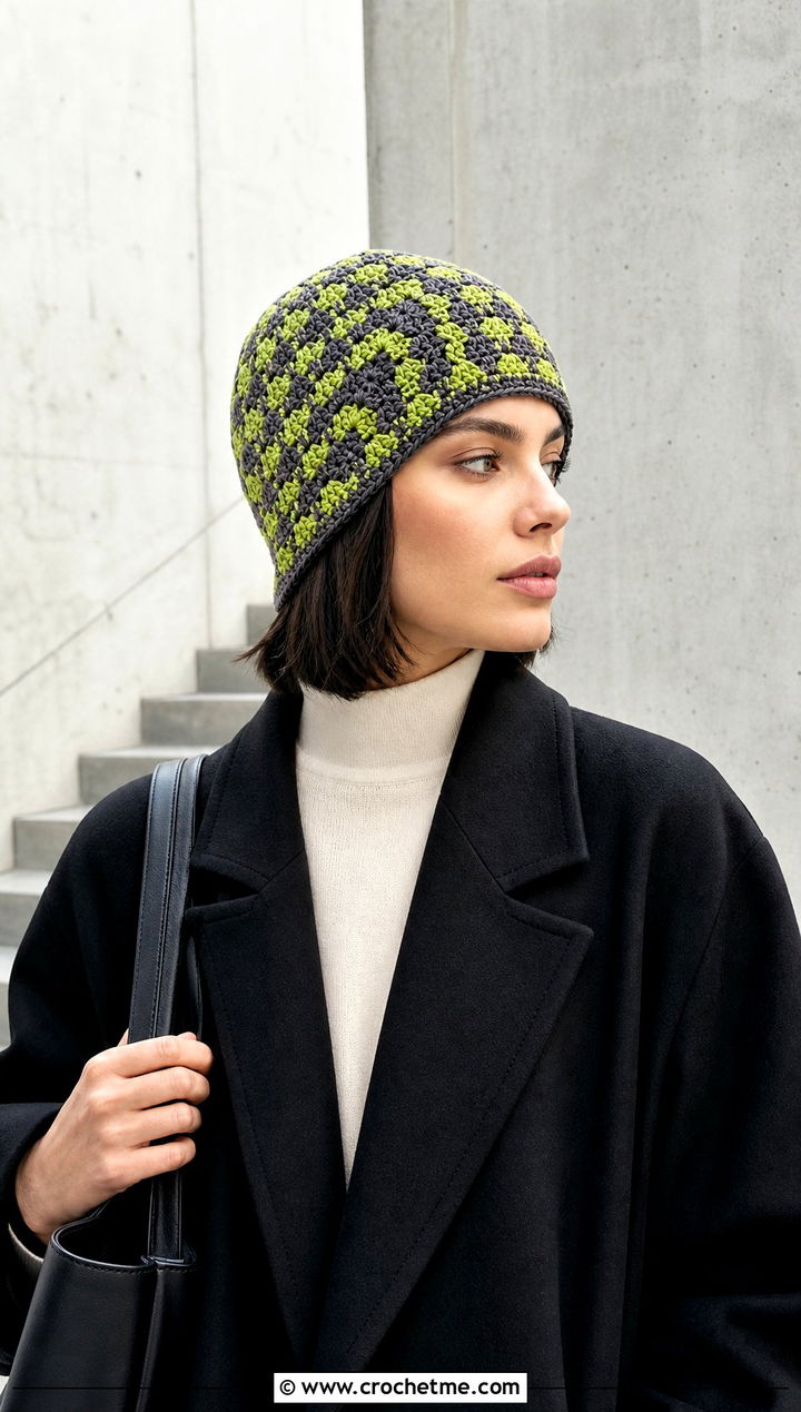 Brimless Mosaic Crochet Beanie With Minimalist Outfit - 25 Mosaic Crochet Beanie outfit ideas