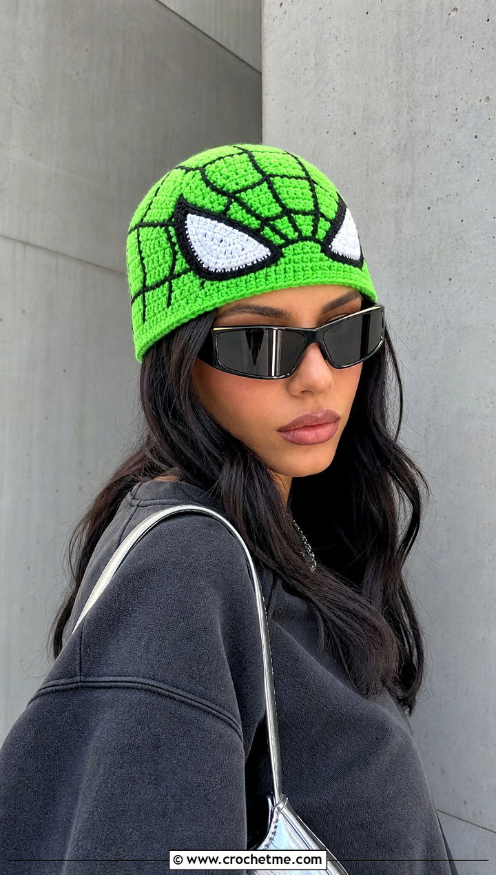 Brimless Spider Gwen Crochet Beanie With Monochrome Streetwear - 20 Spider Gwen Crochet Beanie outfit ideas