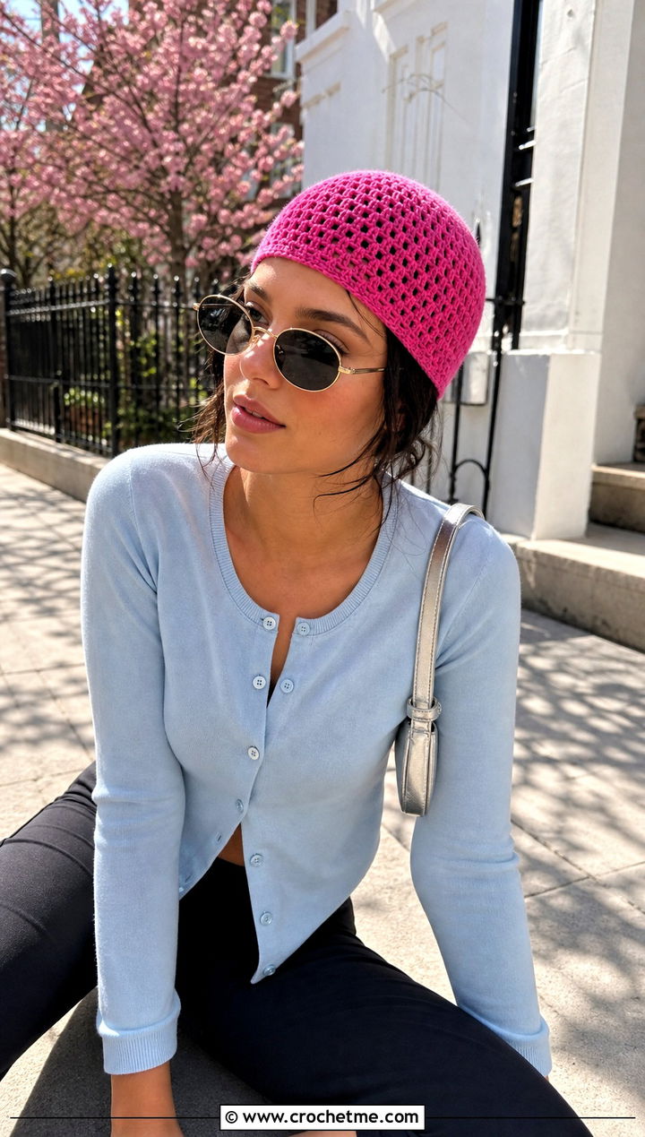 Brimless Worsted Crochet Skullcap With Cardigan And Capri Pants - 15 Worsted Crochet Beanie outfit ideas