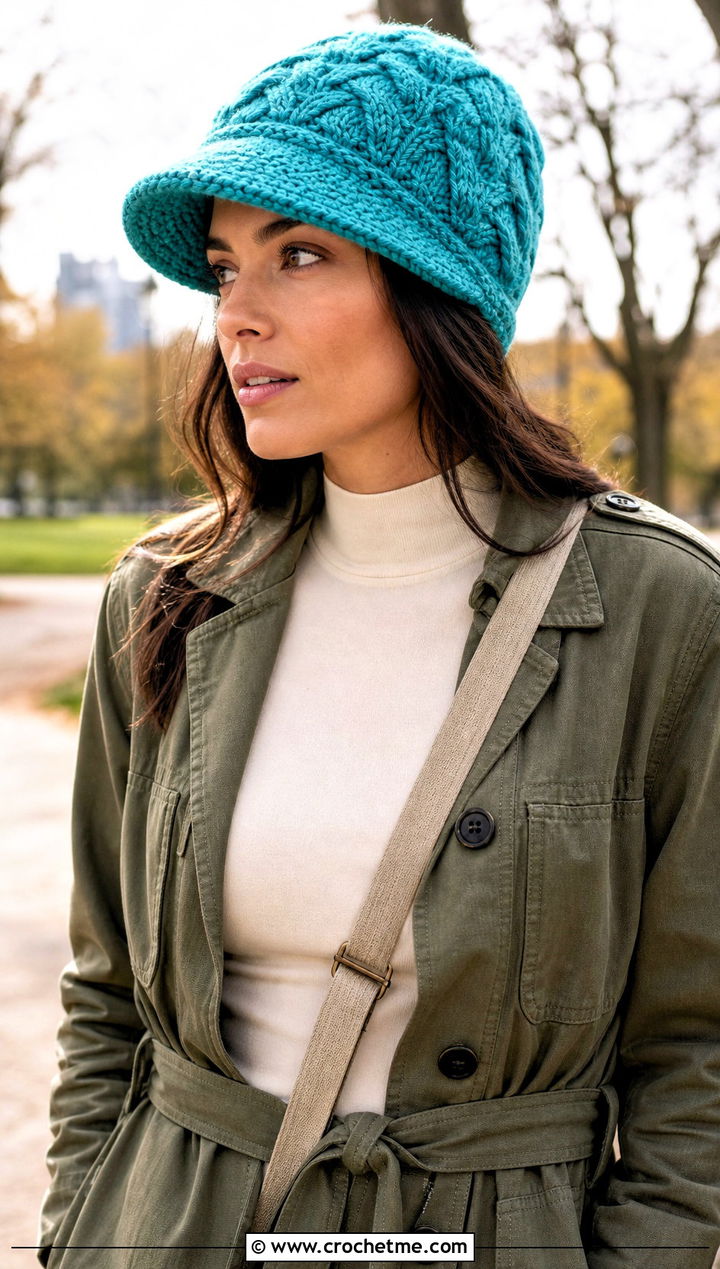Brimmed Cable Crochet Beanie With Utility Jacket - 25 Cable Knit Crochet Hat outfit ideas