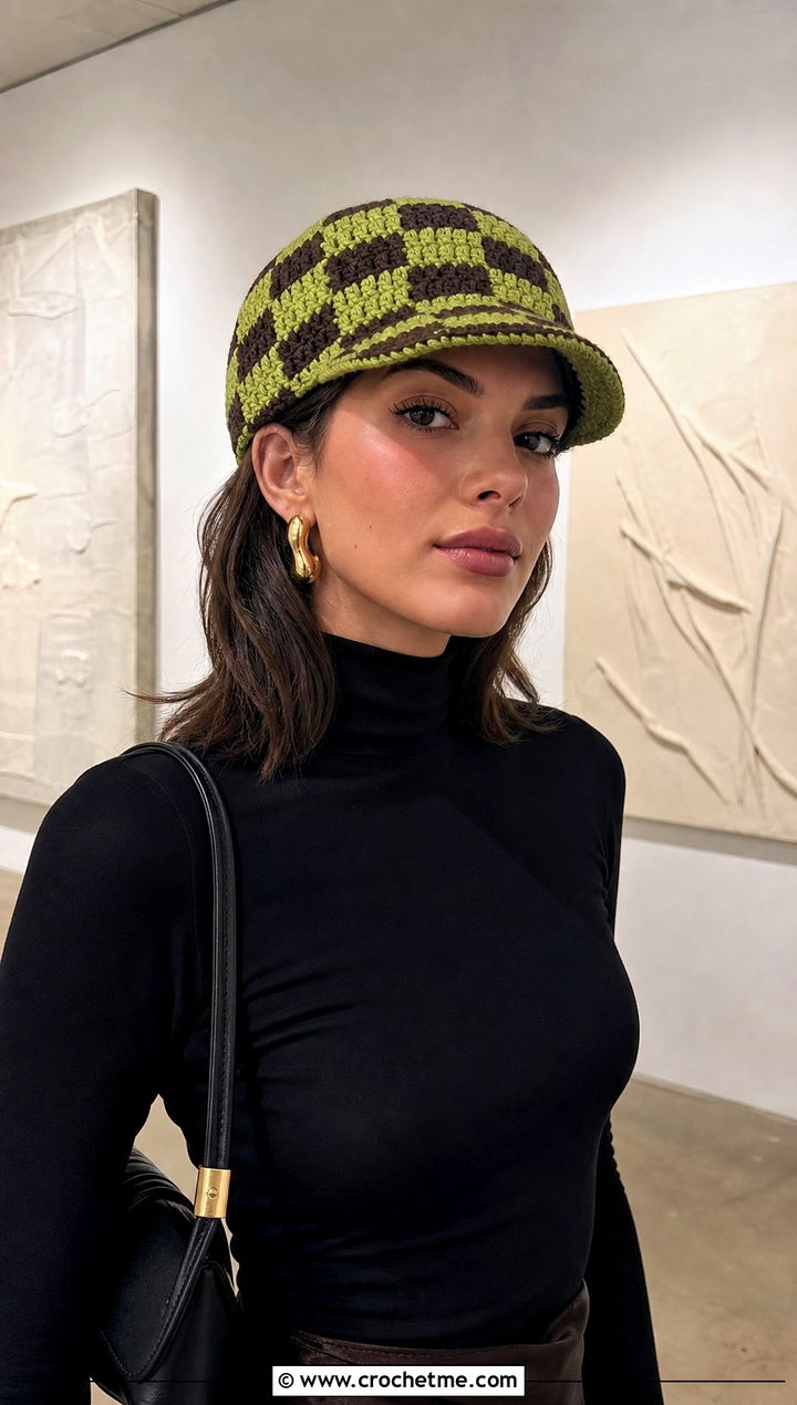 Brimmed Checkered Crochet Beanie With Satin Skirt - 15 Checkered Crochet Hat outfit ideas