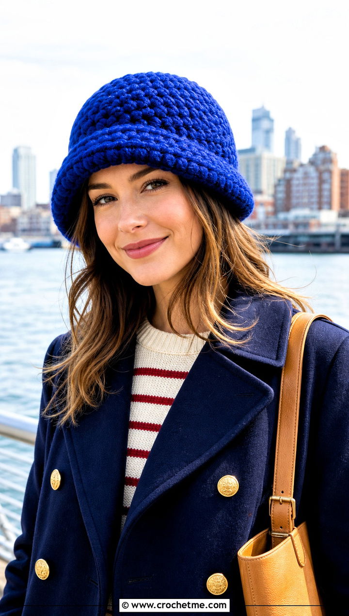 Brimmed Chunky Beanie With Peacoat - 35 crochet chunky beanie outfit ideas