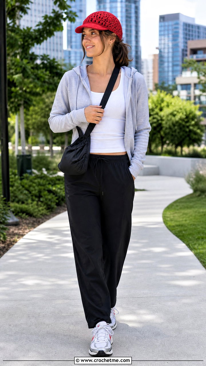 Brimmed Chunky Crochet Cap With Hoodie And Track Pants - 35 chunky crochet hat outfit ideas