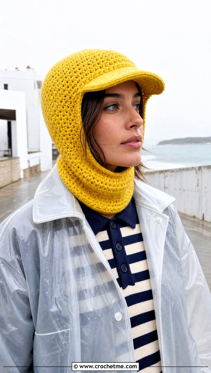 Brimmed Crochet Balaclava Beanie With Raincoat - 25 crochet balaclava beanie outfit ideas