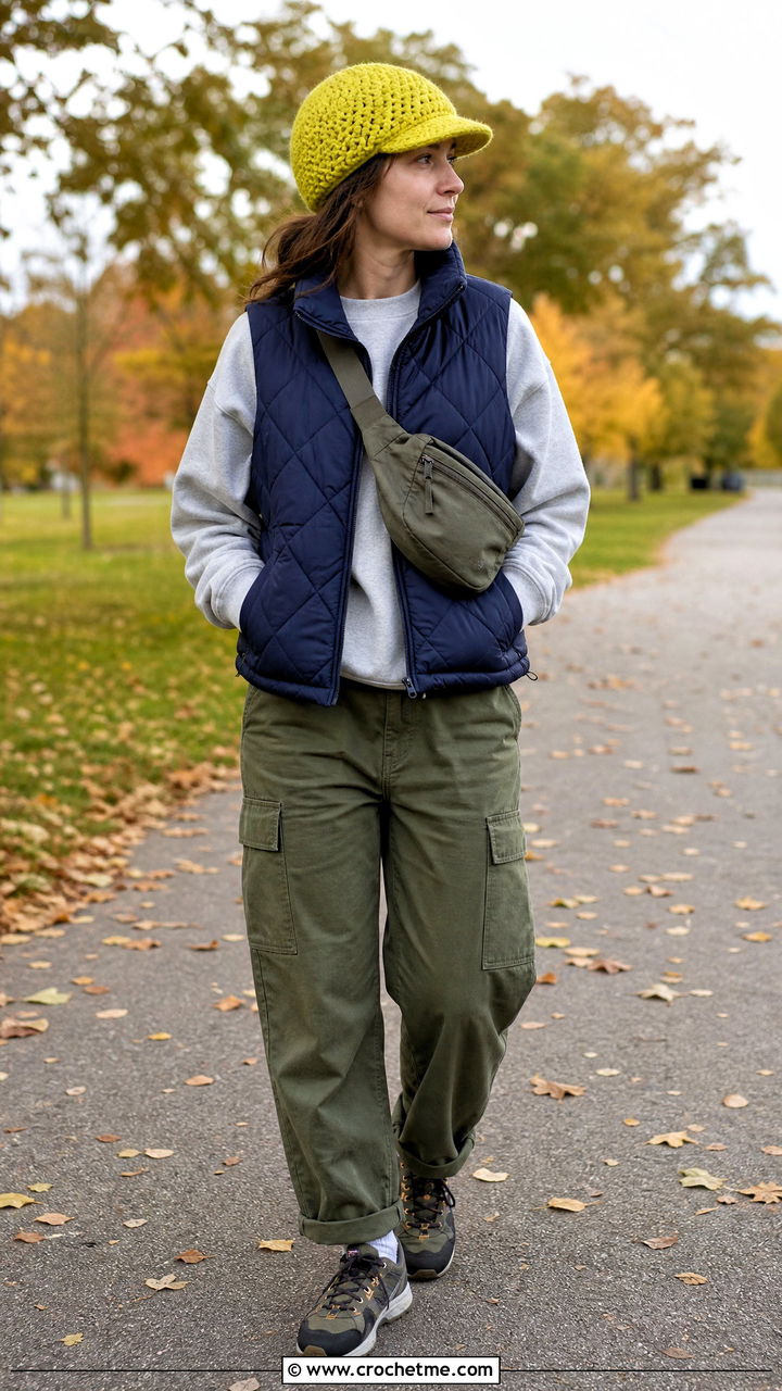 Brimmed Crochet Beanie With A Puffer Vest - 35 easy crochet hats outfit ideas