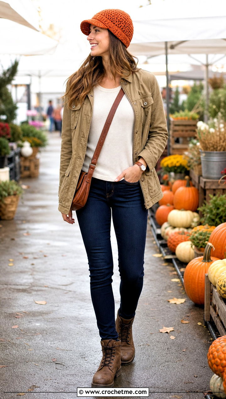 Brimmed Crochet Beanie With A Utility Jacket - 35 simple crochet hat outfit ideas
