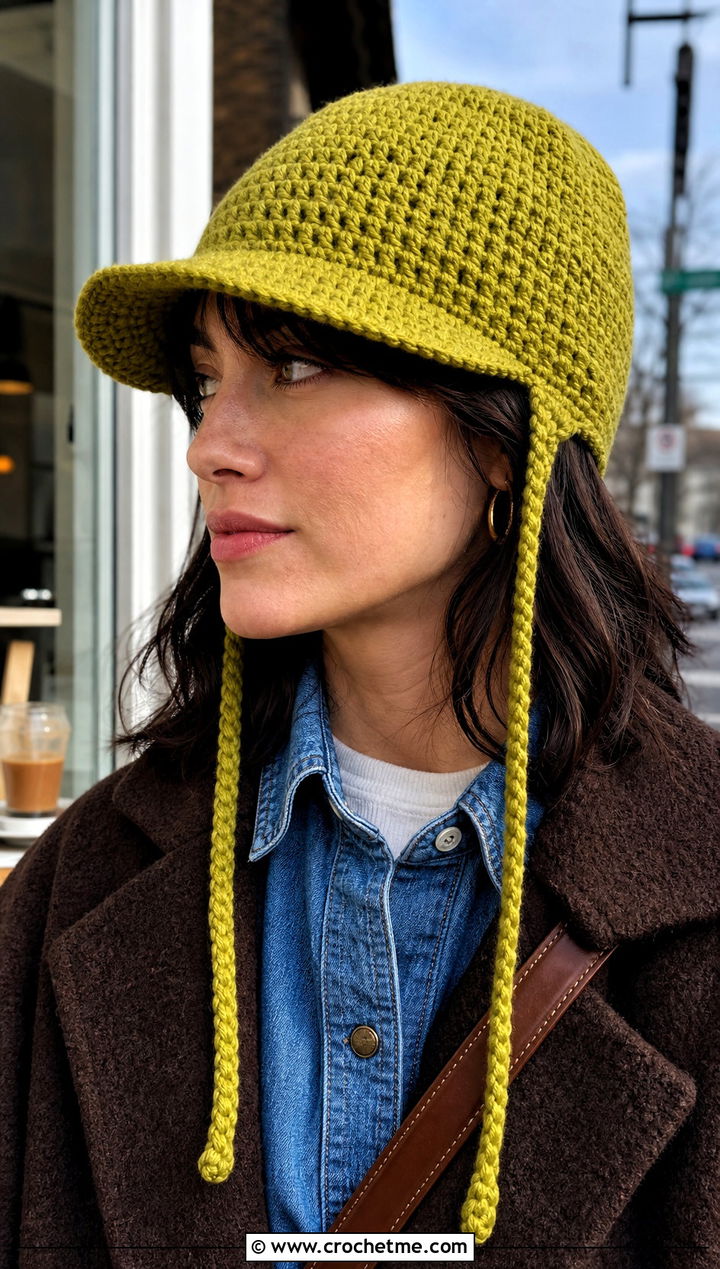 Brimmed Crochet Beanie With Braided Cords And Denim Shirt - 30 crochet hat with braids outfit ideas