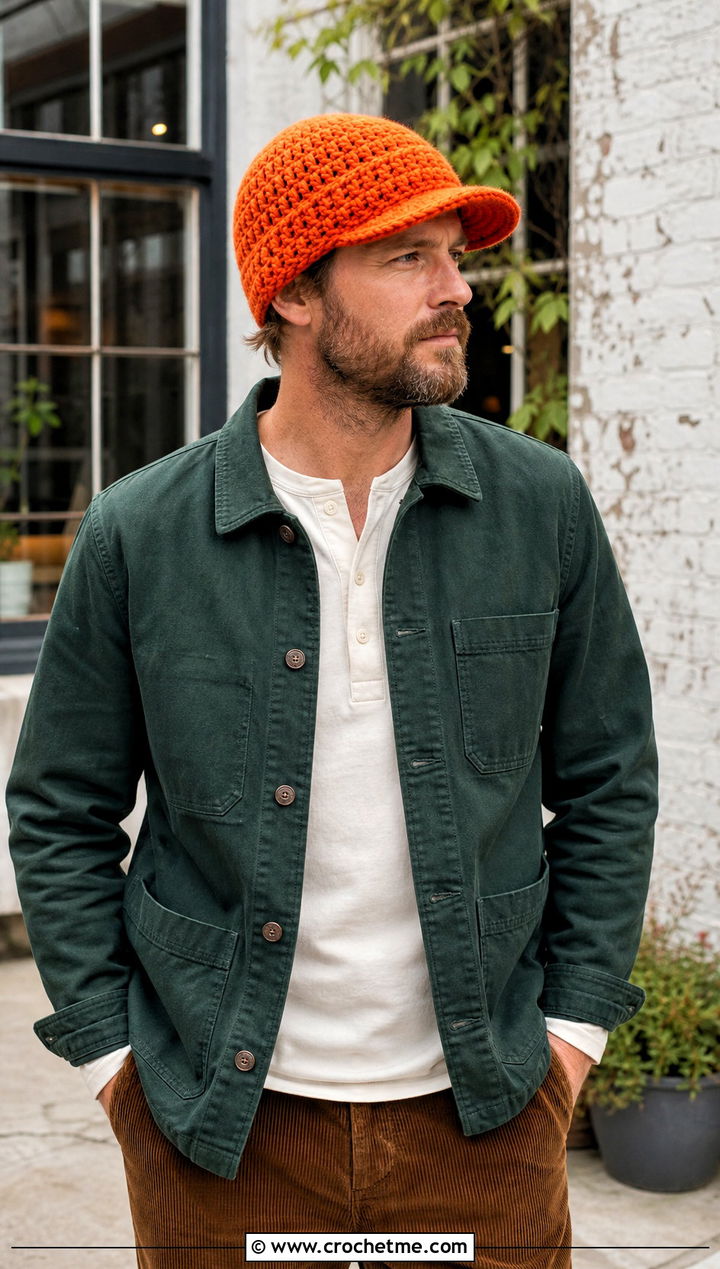 Brimmed Crochet Beanie With Chore Coat - 25 Easy Mens Crochet Beanie outfit ideas