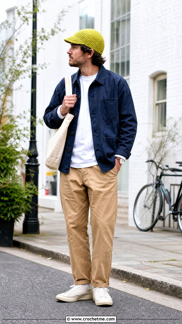 Brimmed Crochet Beanie With Chore Jacket And Chinos - 35 crochet beanie for men outfit ideas