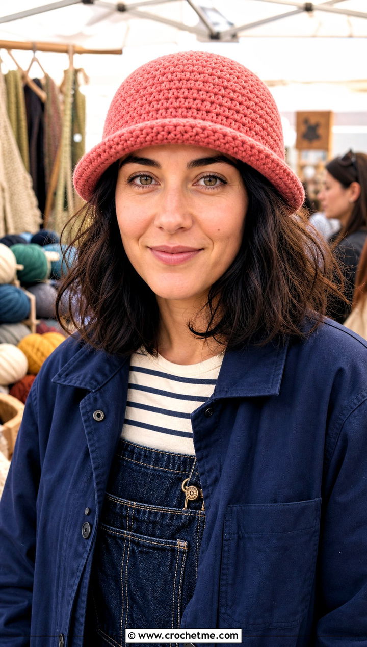 Brimmed Crochet Beanie With Chore Jacket And Overalls - 25 beginner crochet beanie outfit ideas