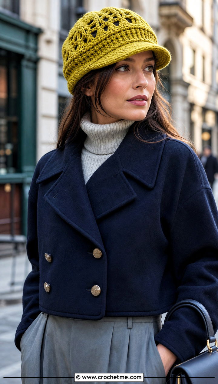 Brimmed Crochet Beanie With Cropped Peacoat - 35 basic crochet beanie outfit ideas
