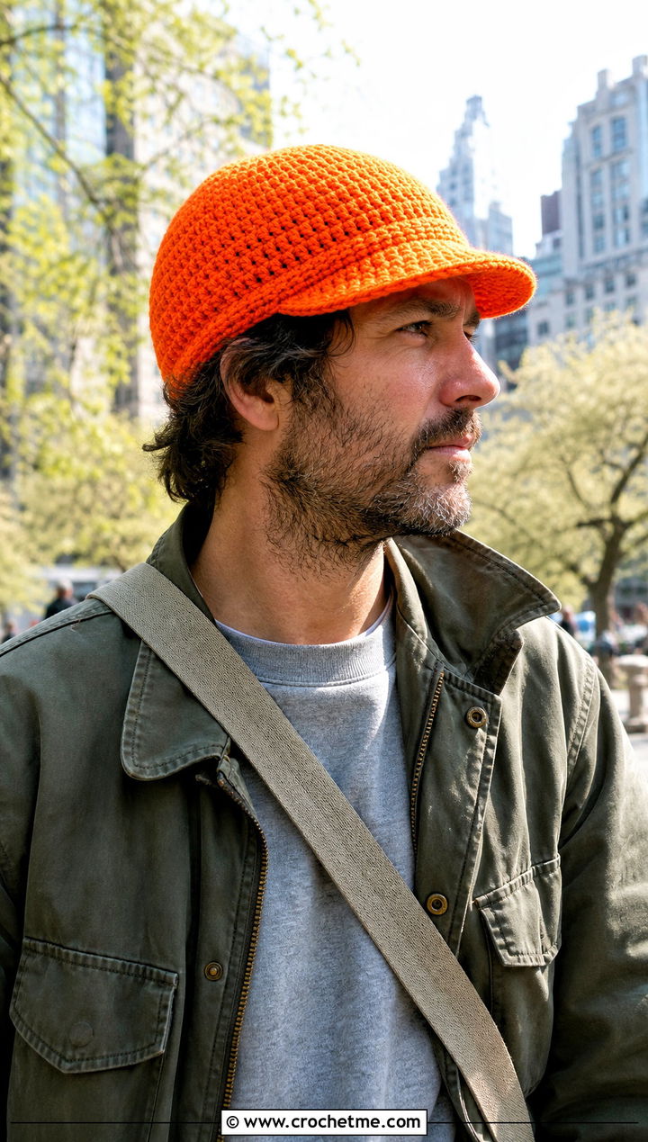 Brimmed Crochet Beanie With Field Jacket - 25 easy men's crochet beanie outfit ideas