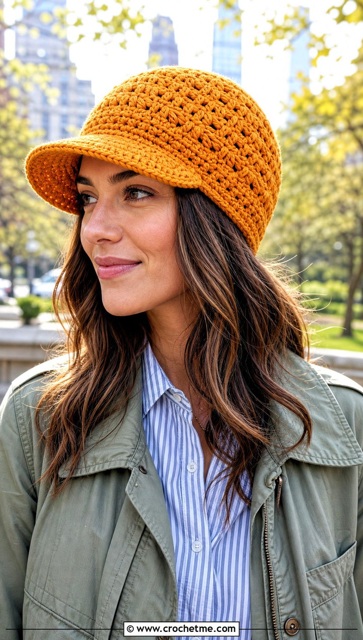 Brimmed Crochet Beanie With Field Jacket And Wide Leg Jeans - 25 Crochet Beanie Size 4 Yarn outfit ideas