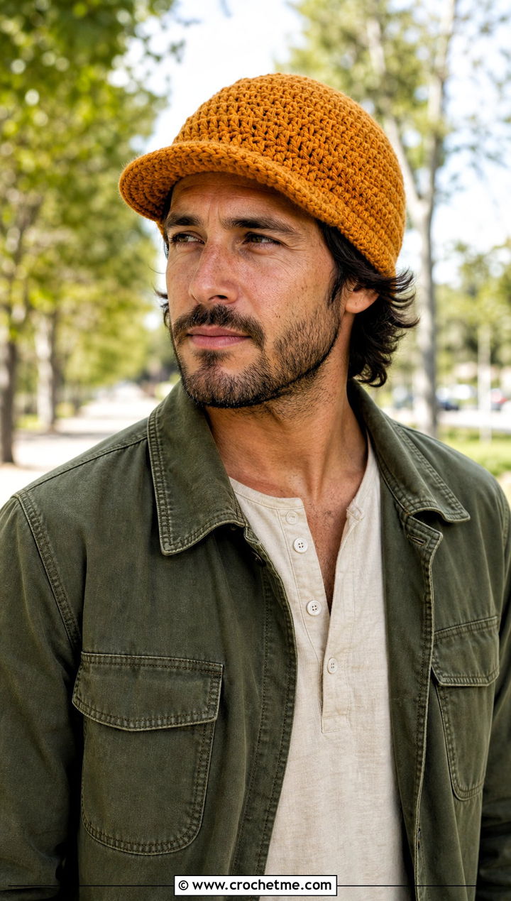 Brimmed Crochet Beanie With Field Jacket - 30 crochet man beanie outfit ideas