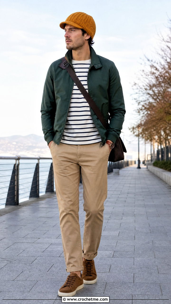 Brimmed Crochet Beanie With Harrington Jacket - 35 men's crochet beanie outfit ideas
