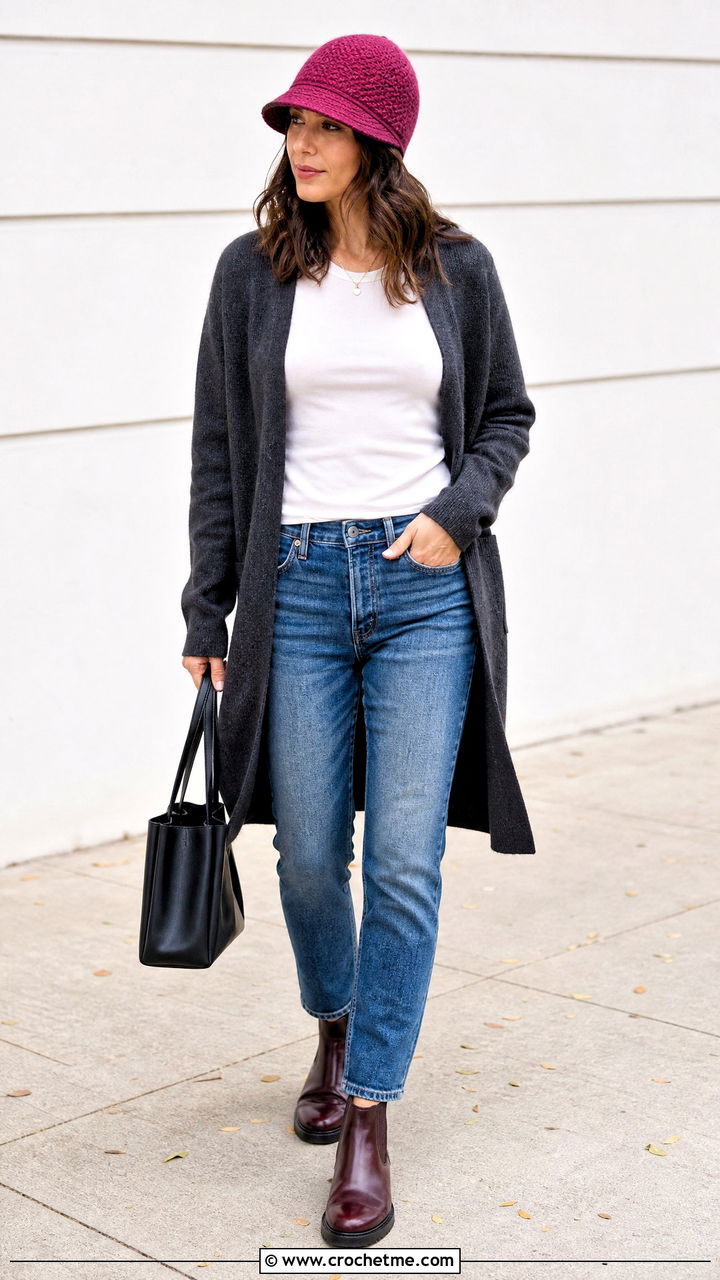 Brimmed Crochet Beanie With Long Cardigan - 35 easy crochet beanie womens outfit ideas
