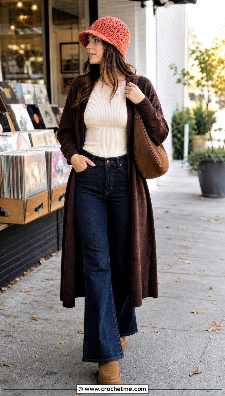 Brimmed Crochet Beanie With Long Cardigan And Flare Jeans - 35 simple crochet beanie outfit ideas