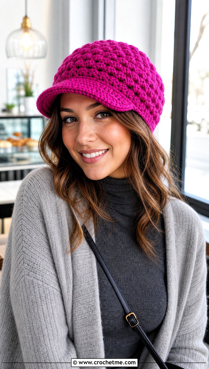 Brimmed Crochet Beanie With Long Cardigan - 30 winter crochet hats outfit ideas