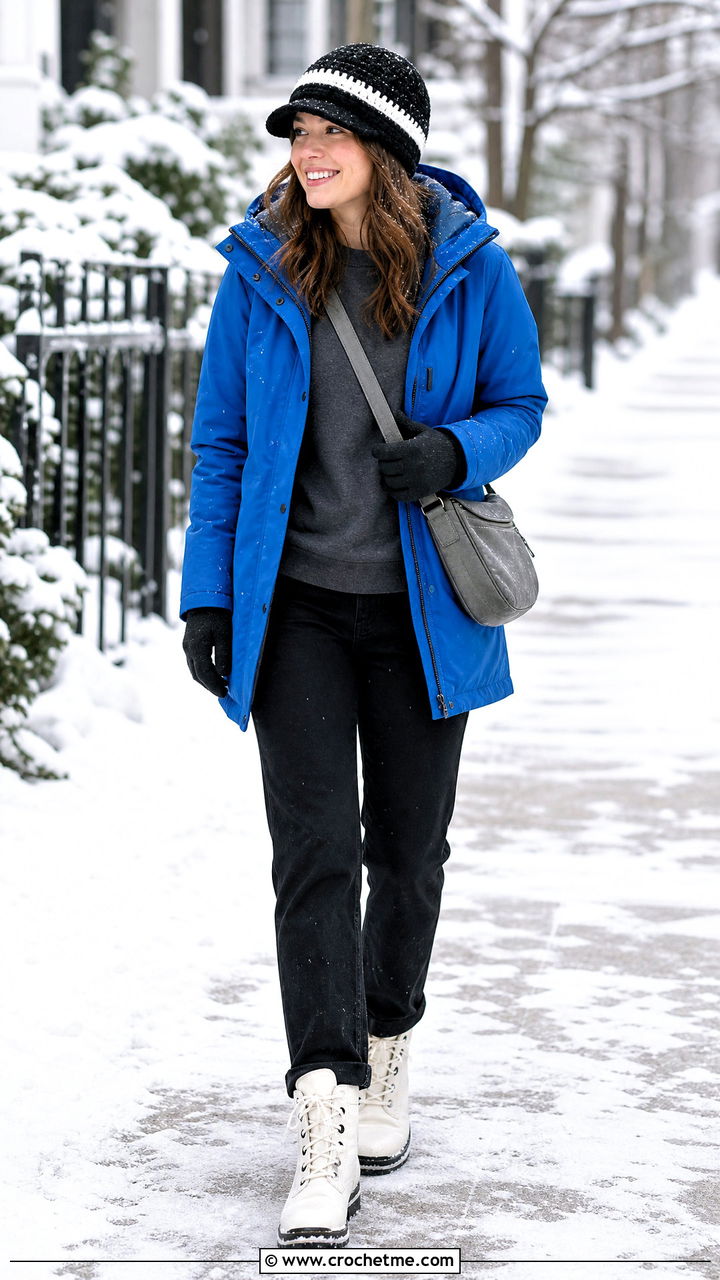 Brimmed Crochet Beanie With Parka - 35 black and white crochet hat outfit ideas