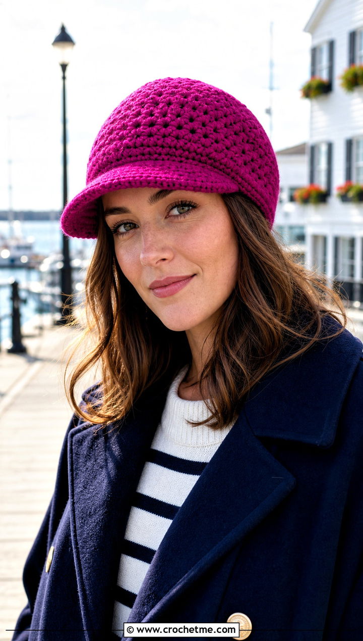 Brimmed Crochet Beanie With Peacoat - 25 Fall Crochet Beanie outfit ideas