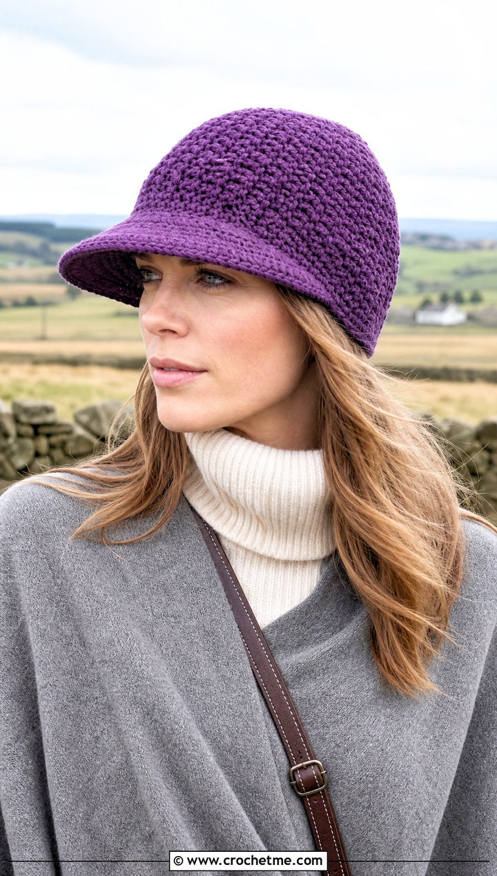 Brimmed Crochet Beanie With Poncho And Boots - 30 knit look crochet beanie outfit ideas