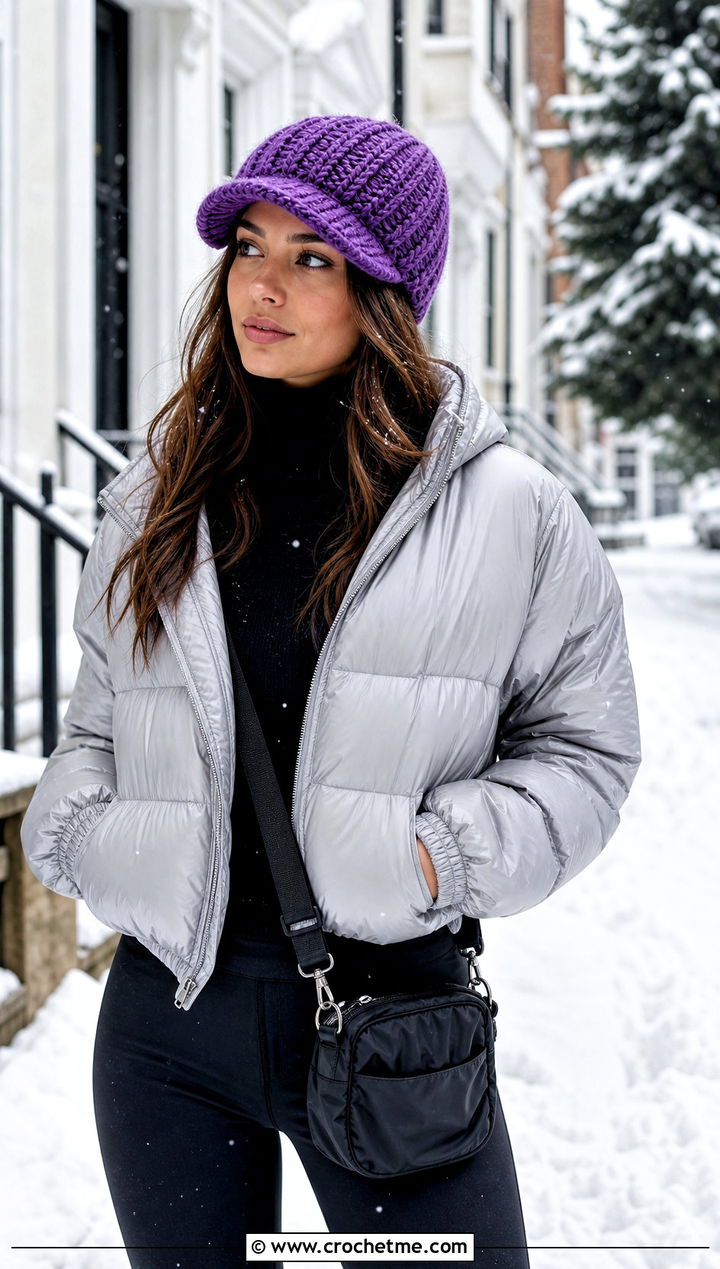 Brimmed Crochet Beanie With Puffer Jacket - 25 Easy Crochet Hats With Brim outfit ideas